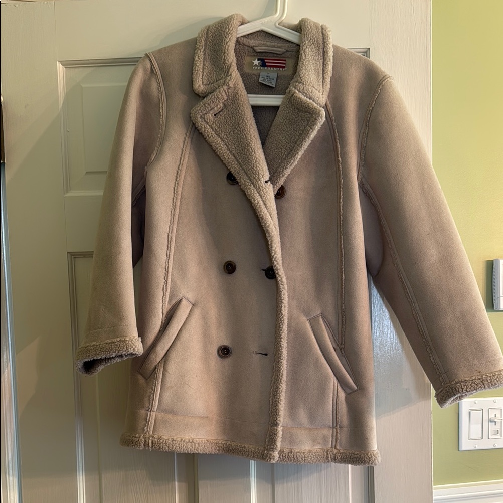 Tan Double-Breasted Suede Jacket With Sherpa Lining